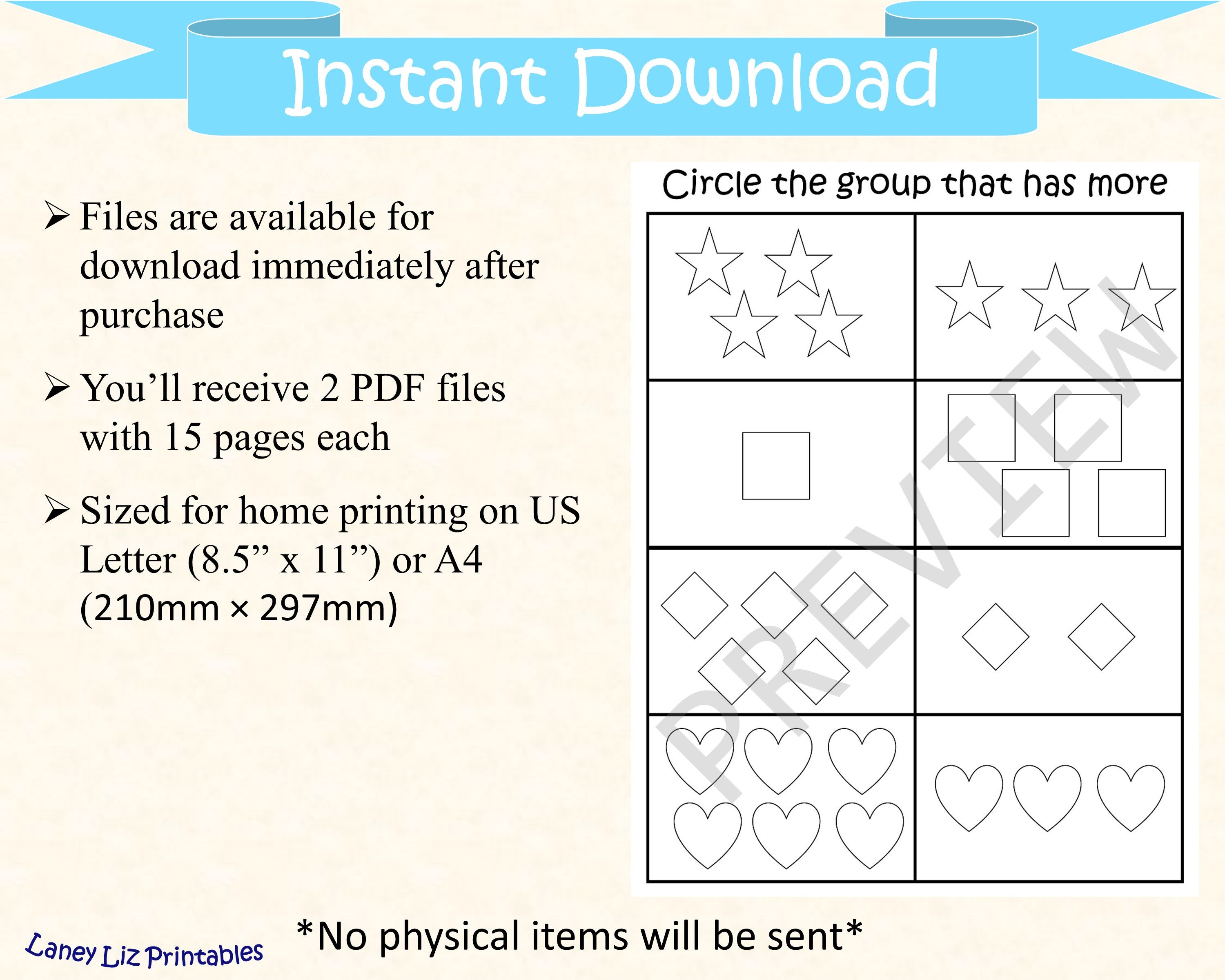 Pre-k Worksheet Math Concepts More Less Smallest | Etsy