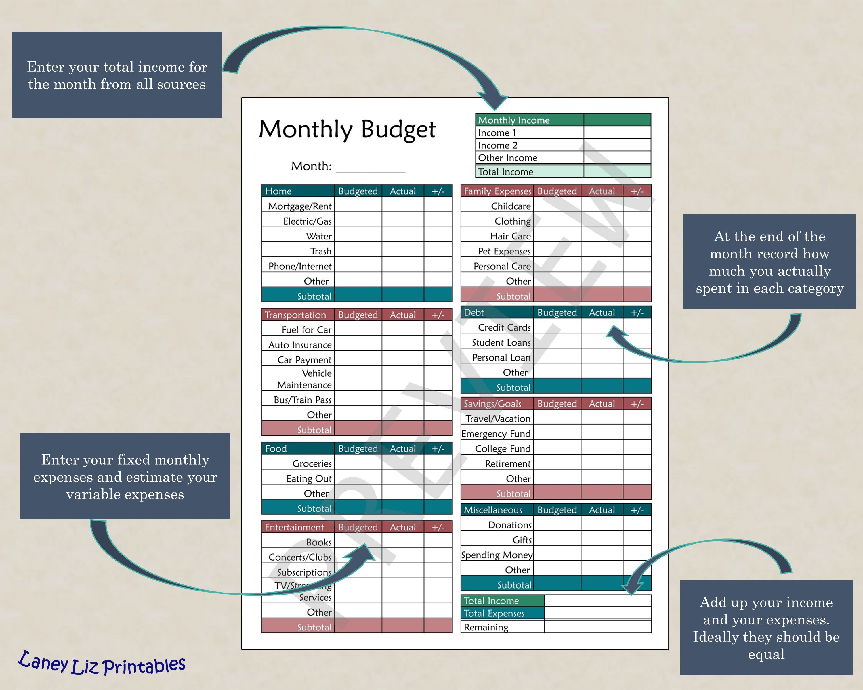 Printable Monthly Budget Template Budget Planner Etsy Printable Monthly Budget Template Budget Planner Etsy
