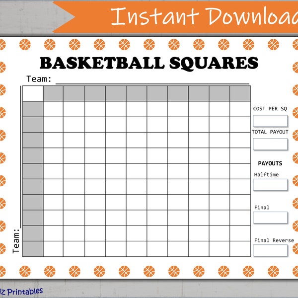 Basketball Squares Printable Grid, Sports Pool, College Ball Tournament