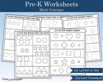 Pre-K Worksheet - Math Concepts | More - Less | Smallest - Biggest | Preschool Kindergarten