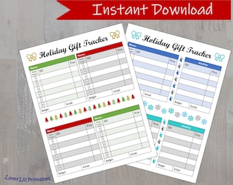May include: Three printable holiday gift tracker sheets with different themes. The first sheet has a green and red color scheme with a Christmas tree design. The second sheet has a blue and white color scheme with a snowflake design. The third sheet has a red and white color scheme with a stocking design. Each sheet has columns for name, gift, price, budget, and actual.
