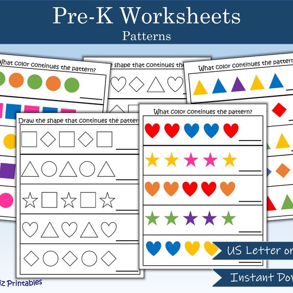 Pre-K Worksheet - Patterns | Shape and Color Patterns | Pattern Recognition | Preschool Kindergarten Worksheet