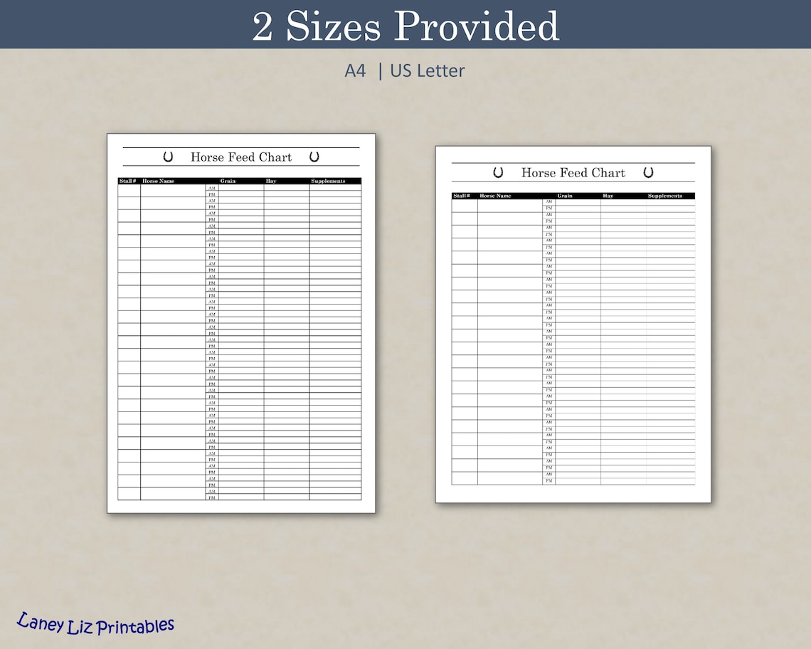 Horse Feed Chart Printable Template, Equine Feeding Schedule, Barn