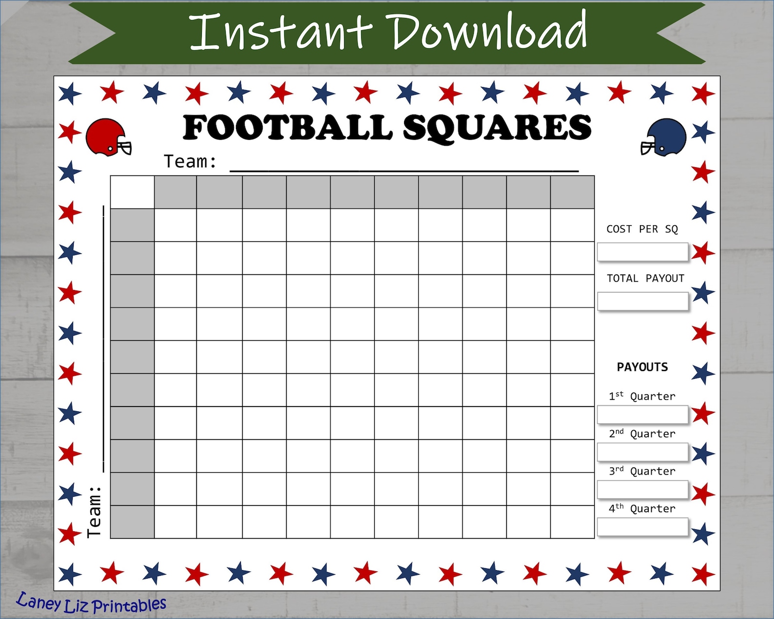 Football Squares Printable Grid Sports Pool NFL Grid Big Game Party