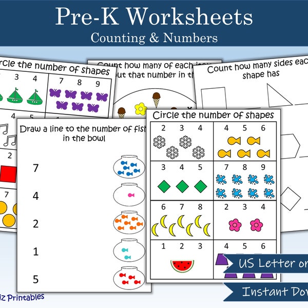 Pre-K Worksheet - Numbers and Counting | How many | Count the sides | Preschool Kindergarten