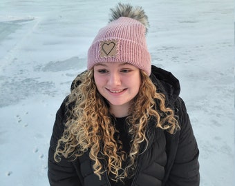 Double Knit Pink Slouchy Hat With Heart Patch