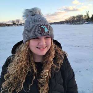 Double Knit Gray Slouchy Hat With Leather Patch With Michigan