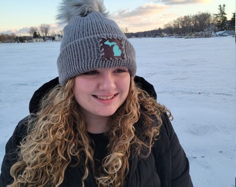 Double Knit Gray Slouchy Hat With Leather Patch With Michigan