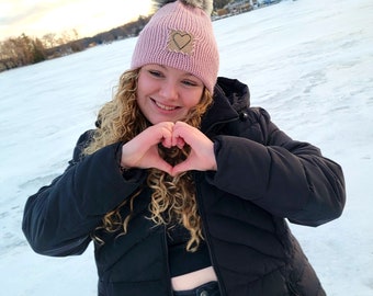 Double Knit Pink Beanie With Heart Patch