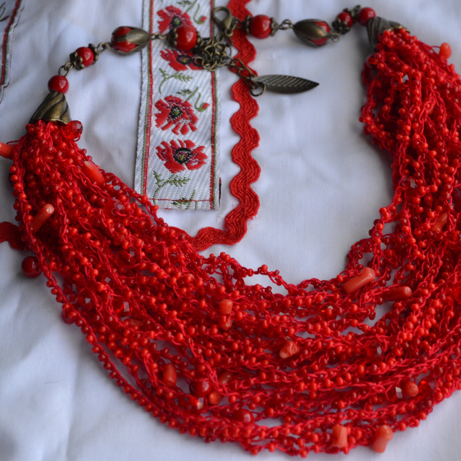 Red Air Necklace Multistrand Necklace Beaded Ethnic Necklace Etsy
