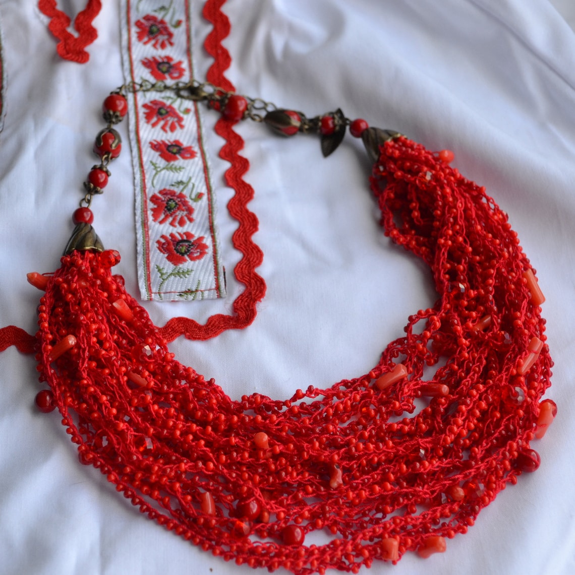Red Air Necklace Multistrand Necklace Beaded Ethnic Necklace Etsy