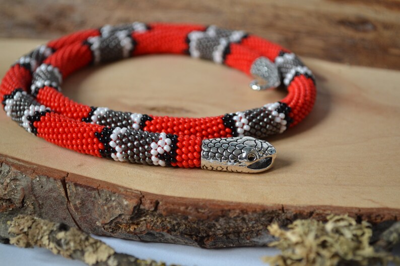 Necklace Snake Red Snake Bead Crochet Jewelry From Necklace Etsy
