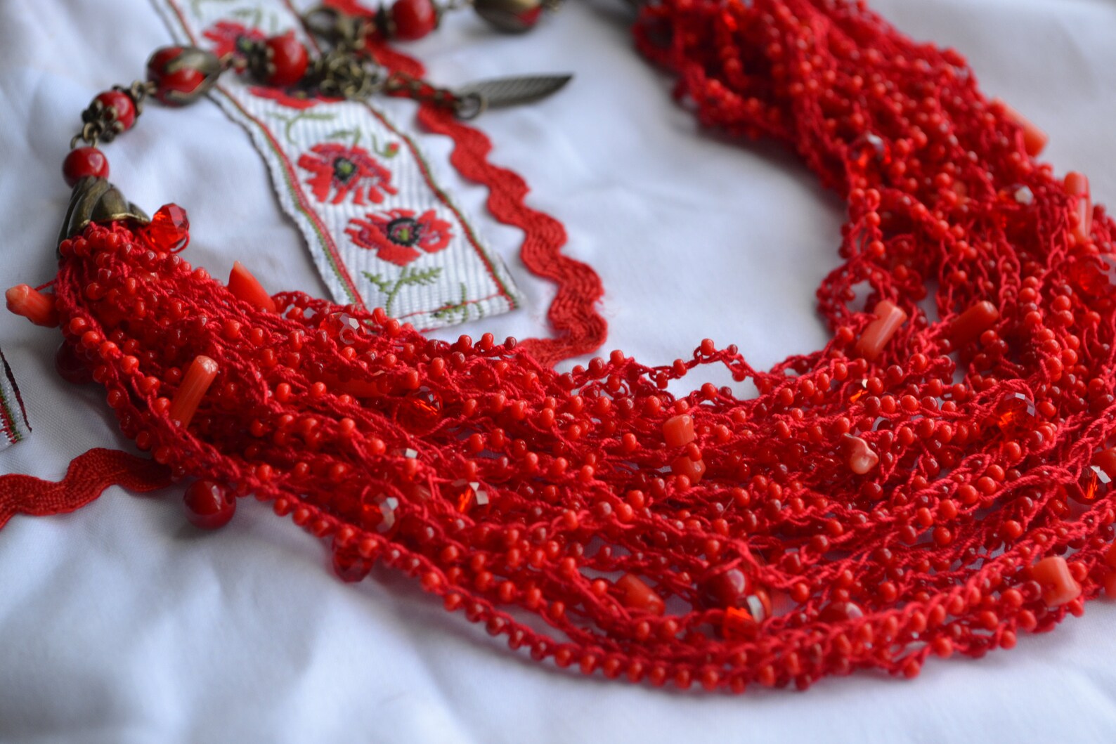 Red Air Necklace Multistrand Necklace Beaded Ethnic Necklace Etsy