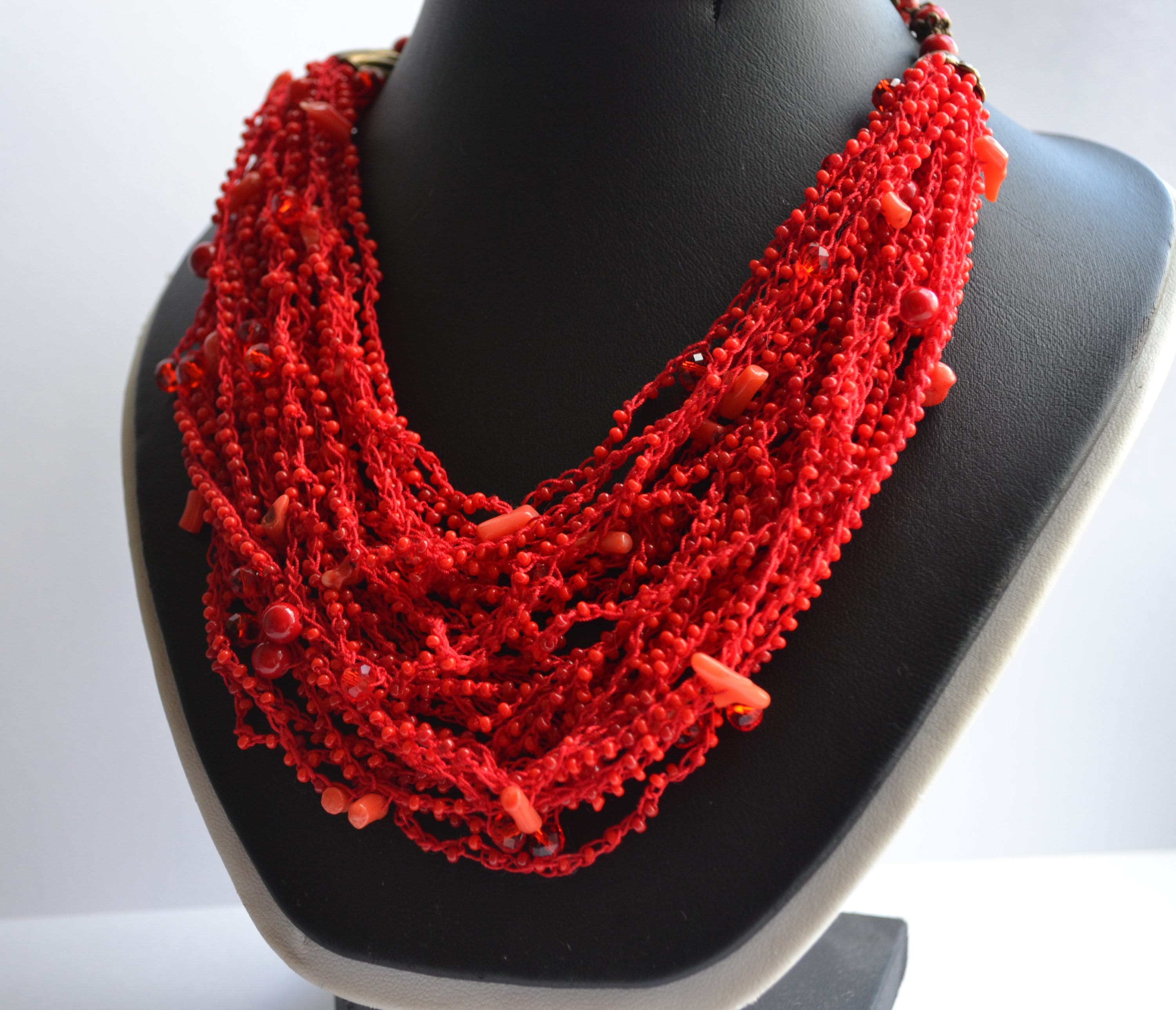 Red Air Necklace Multistrand Necklace Beaded Ethnic Necklace Etsy