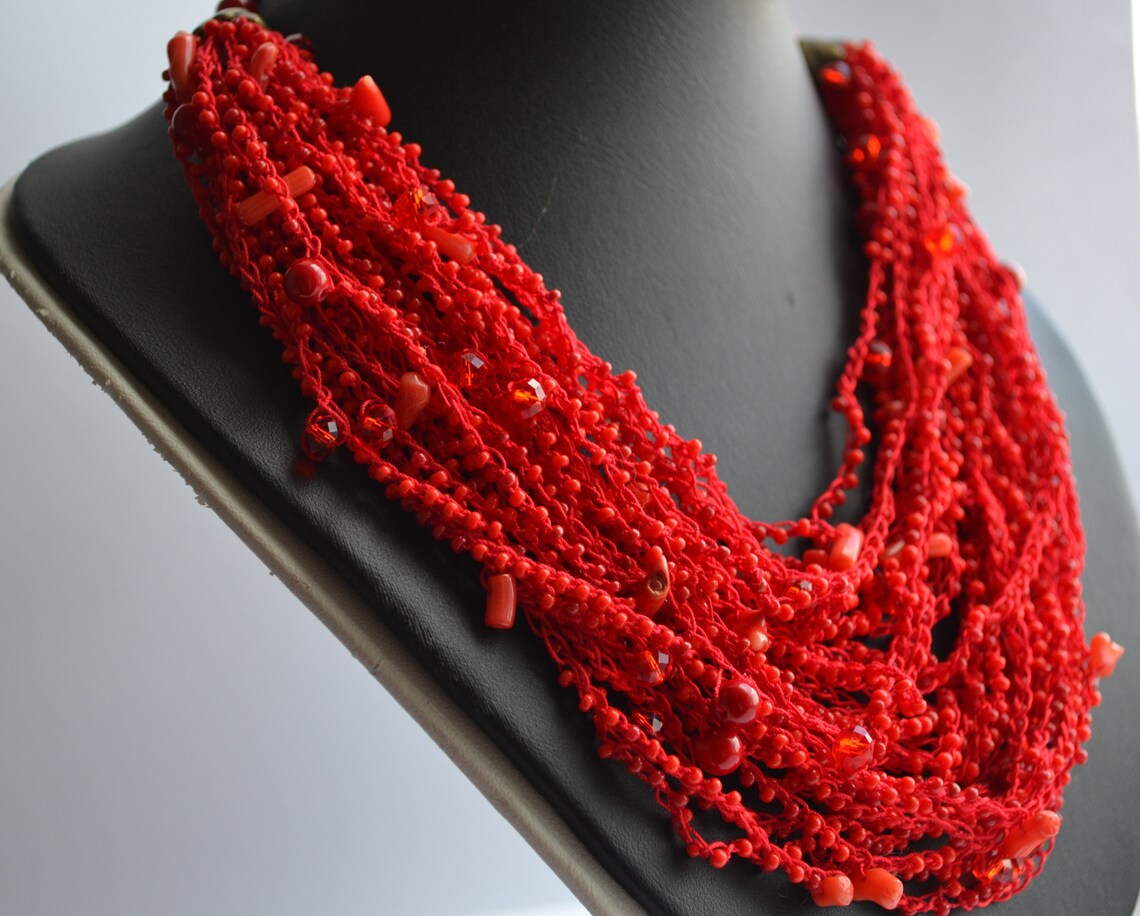 Red Air Necklace Multistrand Necklace Beaded Ethnic Necklace Etsy