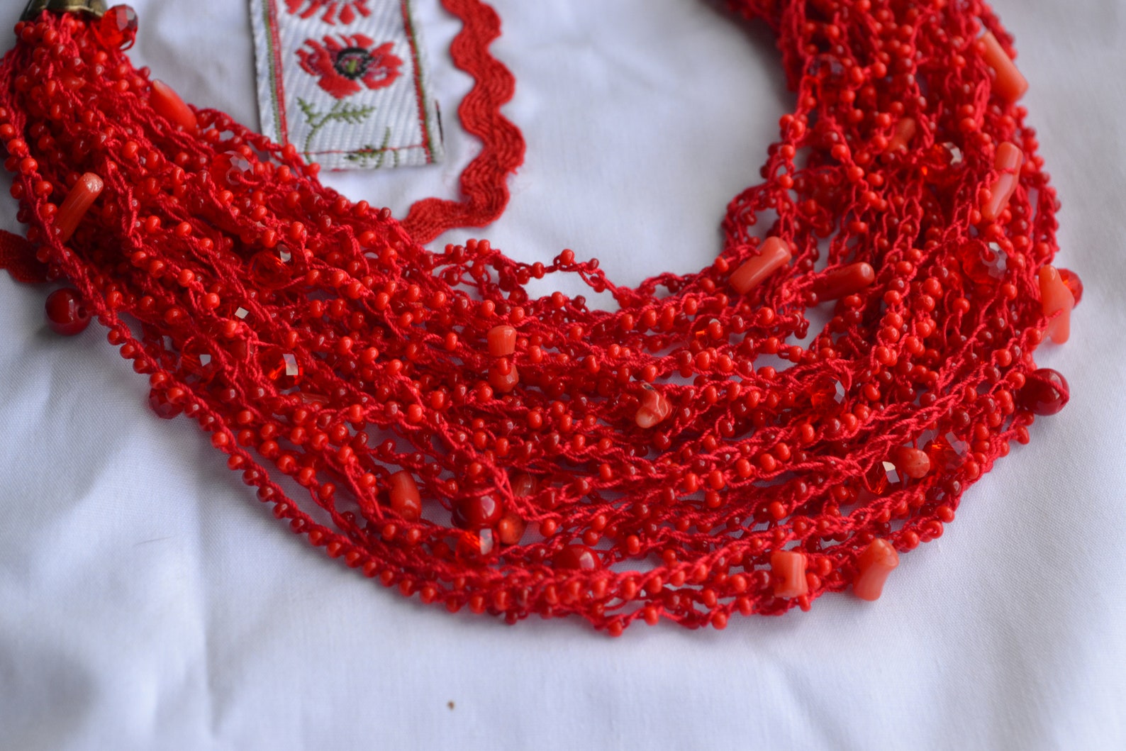 Red Air Necklace Multistrand Necklace Beaded Ethnic Necklace Etsy
