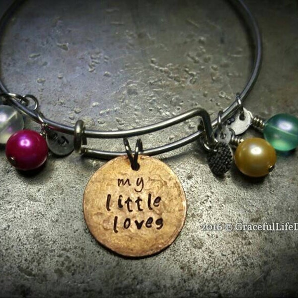 Customized, Charm Bracelet, Expandable Bangle, Stamped Penny, Personalized, Initial, Birthstone, Hammered, Jewelry