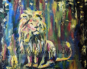 12x12 Original Acrylic Painting on Canvas Colorful Lion African Wild Animal Wall Art Handmade Artwork