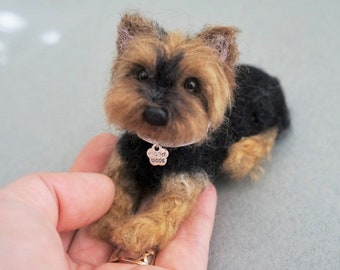 Needle Felted Dog Yorkie, Yorkshire Terrier Puppy, Custom Pet Portrait Sculpture Wool Felt Animal, Handmade Pet Replica Miniature, Blythe