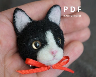 Needle Felting Tutorial: PDF Pattern Template How to Felt a Cat Portrait Magnet, DIY Christmas Gift Idea For Experienced Beginner Felters