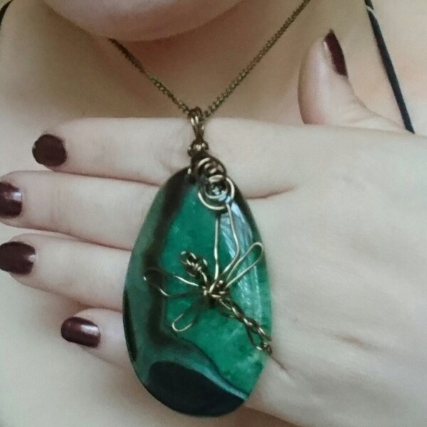 Green Agate Wire Wrapped Dragonfly Necklace