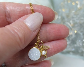 Snow white drusy quartz necklace with freshwater pearl - White and gold charm necklace - Gold cherry blossom charm necklace