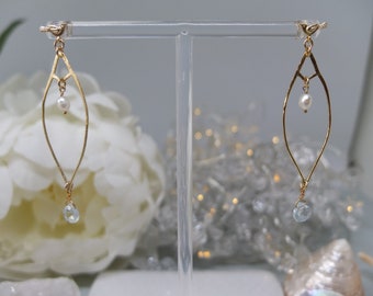 Gold, aquamarine and freshwater pearl earrings - Gold dress earrings - Gold bird earrings - Gold drop earrings - Gold statement earrings