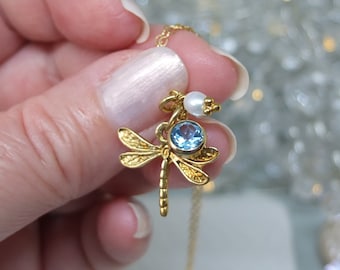 Gold dragonfly necklace with freshwater pearl + Swiss blue topaz - Gold charm necklace with topaz and pearl - Gold dragonfly charm necklace