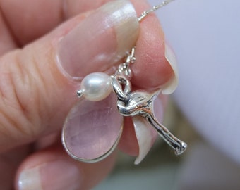 Pink flamingo necklace - Silver flamingo necklace - Flamingo charm necklace - Silver pearl charm necklace - Rose quartz charm necklace