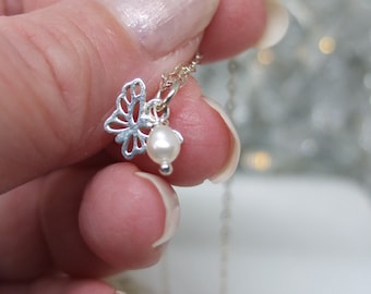 Silver butterfly necklace with freshwater pearl - White and silver charm necklace - Silver pearl charm necklace - Dainty butterfly necklace