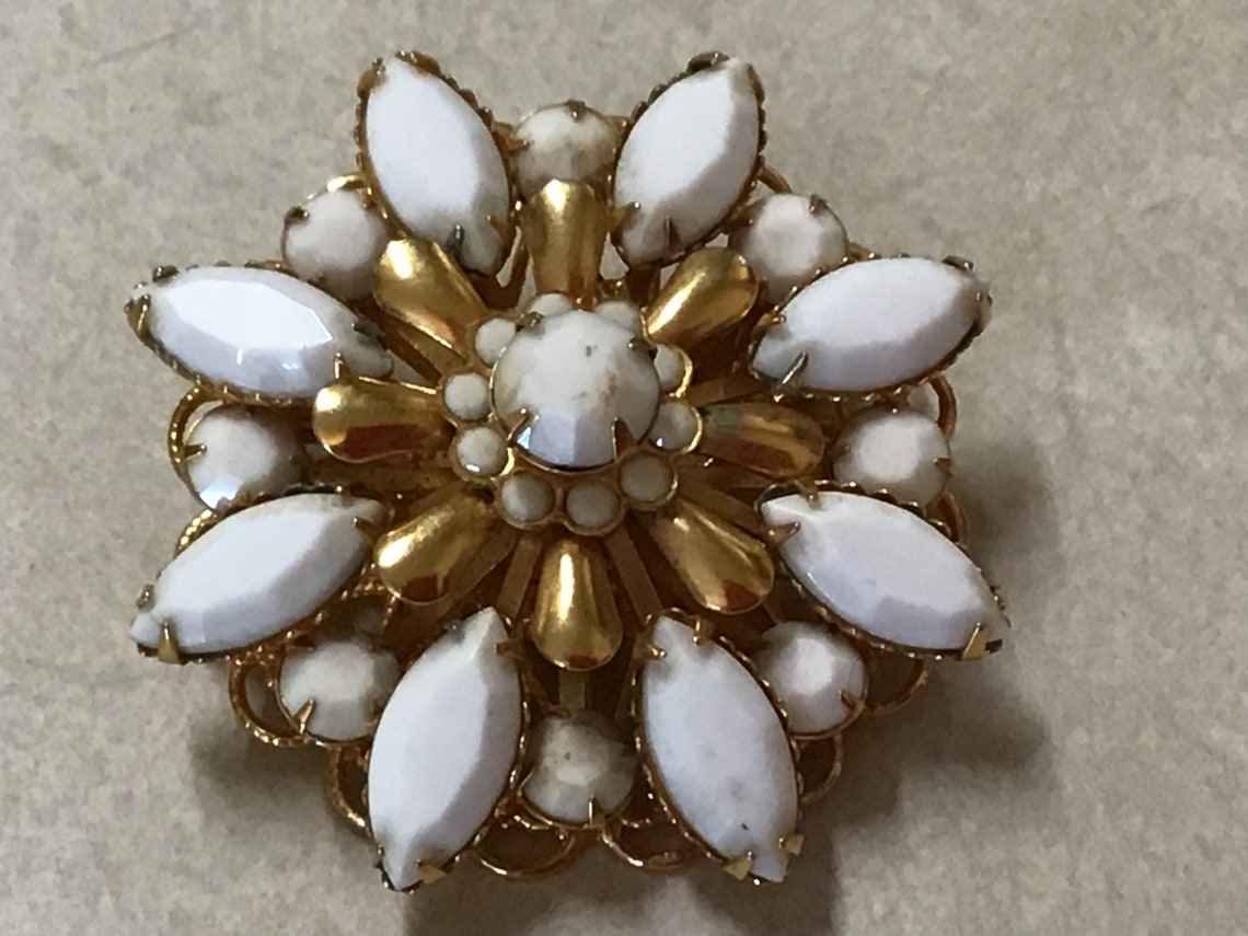 Vintage white milk glass brooch prong set stones 2 round Etsy