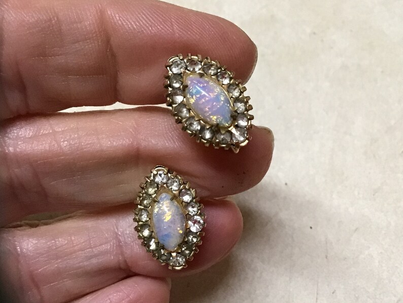 Vintage opal screw back opal earrings 120th 12K gold filled prong set rhinestones vintage screw