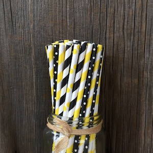 100 Black and Yellow Stripe and Polka Dot Paper Straws, Bee Themed Party, Picnic Supply, Birthday Party, Baby Shower Supply, Disposable image 1