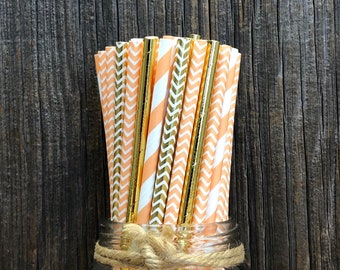 100 Gold Foil and Peach Paper Straws, Baby Shower, Birthday Party Supply, Wedding or Bridal Shower, Biodegradable, Compostable