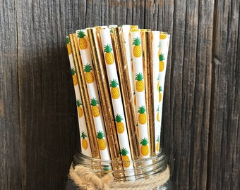 100 Pineapple Theme and Gold Foil Paper Straws, Luau Party Supply, Green and Yellow Party Goods, Picnic Supply, Tableware, Disposable Straws