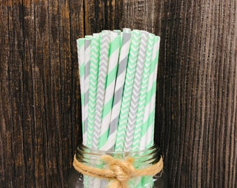 100 Silver and Mint Paper Straws, Chevron Straws, Birthday Party, Shower Party Supply, Wedding Straws, Free Shipping