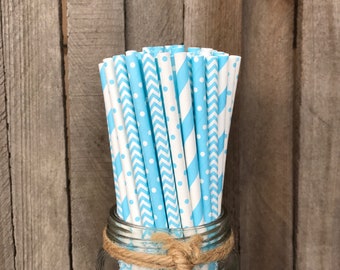100 Light Blue Combo Pack Vintage Paper Straws, Striped Straws, Baby Shower, Easter, Birthday Party, Polka Dot and Chevron Straws