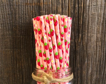 100 Strawberry Themed Paper Straws, Pink and Red Party Supply, Strawberry Shortcake Birthday, Disposable Tableware, Paper Good