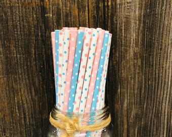 100 Gender Reveal Paper Straws, Pink and Blue Dot, Party Supply, Baby Shower, Birthday Paper Goods, Cake Pop Sticks, Tableware
