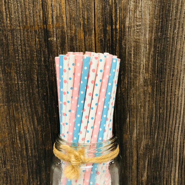 100 Gender Reveal Paper Straws, Pink and Blue Dot, Party Supply, Baby Shower, Birthday Paper Goods, Cake Pop Sticks, Tableware