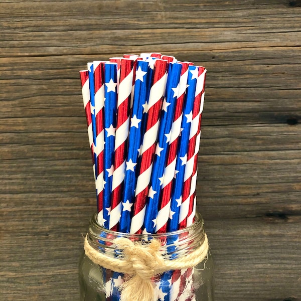100 Red, White and Blue Stars and Stripes Foil Paper Straws- Patriotic Party Supplies- 4th of July Celebration Party Goods- Foil Straws