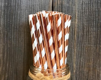 100 Rose Gold Stripe and Solid Foil Paper Straws, Wedding Supply, Bridal or Baby Shower Party Supplies, Birthday Paper Goods, Tableware