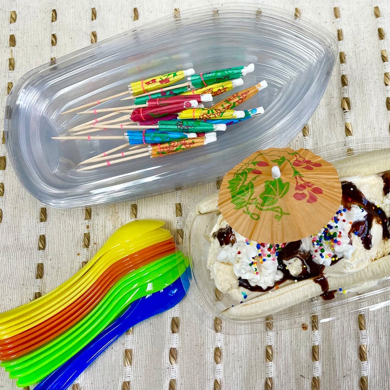 16 Clear Banana Split Boats/Dishes 12 Ounces , Ice Cream Party, Dessert Bar with Eco Friendly Plastic Spoons, Paper Umbrellas image 7