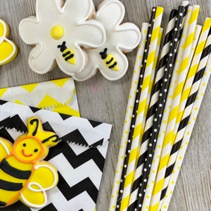 100 Black and Yellow Stripe and Polka Dot Paper Straws, Bee Themed Party, Picnic Supply, Birthday Party, Baby Shower Supply, Disposable image 8