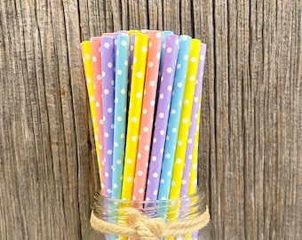 Pastel Dot Paper Straws - Pink Blue Yellow Lilac Lavender Paper Straws - Easter, Baby Shower or Birthday Supply - Free Shipping - 100 Pack