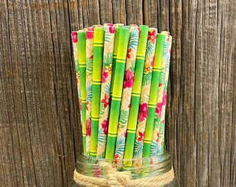Tropical Floral and Bamboo Theme Paper Straws - Yellow Pink Green and Blue Party Straws - Hawaiian Luau Party Supply - Free Shipping
