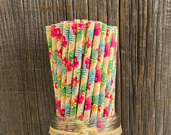 Tropical Floral Paper Straws - Hawaiian Luau Party Supply - Disposable Biodegradable Straws - Pink Yellow Green - Free Shipping - 100 Pk