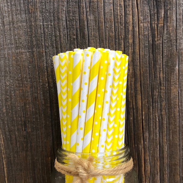 100 Yellow Stripe, Chevron, Dot Paper Straws, Baby or Bridal Shower, Birthday Supply, Biodegradable, Compostable
