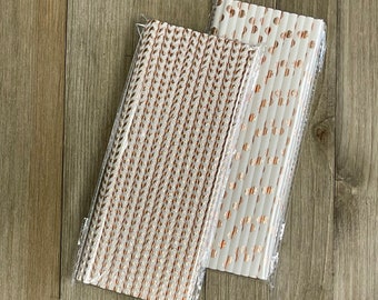 Rose Gold Paper Straws - Foil Paper Straws - Chevron and Polka Dot - Wedding Bridal Shower Party Supply - Birthday Party Supplies - 50 Pack