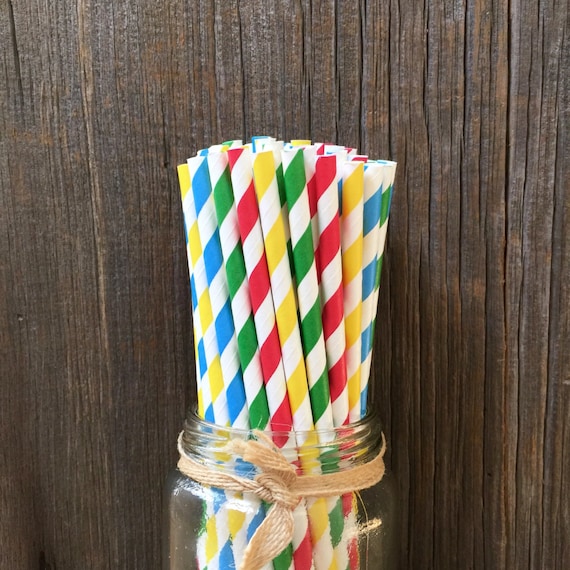 100 Red, Yellow, Green and Blue Striped Straws Primary Colors, Birthday  Party Supply, Baby Shower, Biodegradable Straws 